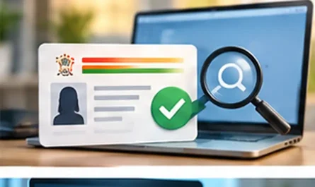 Aadhaar update status check with ID card and magnifying glass