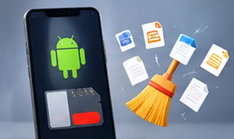 Android phone with a broom clearing junk files, illustrating how to free up Android storage